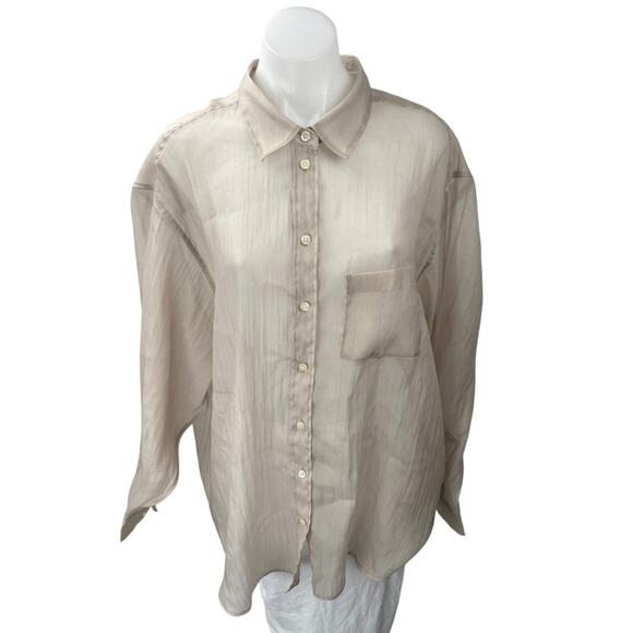 Gap Women's Beige Tan Chiffon Long Sleeve Oversized Button Down Shirt Top Sz XL - Picture 1 of 4